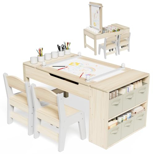 MAMIZO Mesa y Sillas Infantiles Madera con 2 Sillas, Mobiliario Infantil con Espacio de Almacenaje para Niños a Partir de 3 Años, Mesa de Pintura para Habitación Infantil, Sala de Juegos (Amarillo)