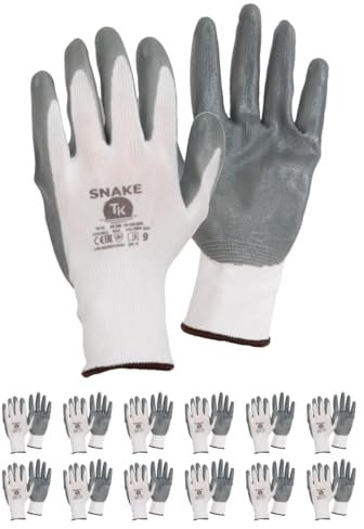 TK Gloves SNAKE Lot de 12 paires de gants de protection en polyester revêtu de nitrile Taille 11 Gris/blanc/Gants de montage/Gants de travail/Gants de protection en nitrile/Fin flexible