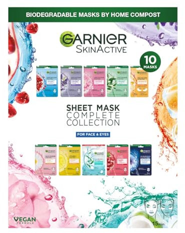 Garnier Sheet Masks Complete Collection, Set of Sheet Masks for Face and Eyes, With Natural Plant Extracts, Hyaluronic Acid Serum and Vegan, Biodegradable Tissue, SkinActive, 10 Pieces