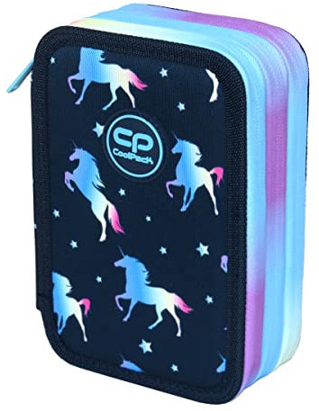 CoolPack XXL Federtasche Federmappe 3-Fach Schulstiftetui, dreifaches Federmäppchen, Federmäppchen für Mädchen, Jungen, Federmäppchen 44-teilig gefüllte Schüleretui 3-stöckig, Blue Unicorn