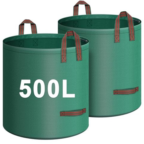 IWTTWY Gartenabfallsack 2x 500L, Wiederverwendbar Gartensack mit 4 Griffe Stabil Robust & Faltbar, Garten Sack Laubsack, Groß Abfallsack für Gras Laub Hecke Gartenabfall aus Polypropylen