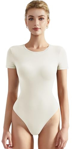 SUUKSESS Women Short Sleeve Bodysuit Crew Neck Thong Body Suit Shirts Basic Tops (White, S)