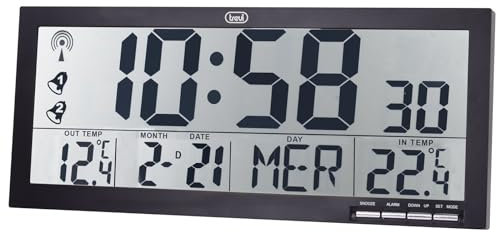Trevi OM 3530 RC Orologio da Parete Radiocontrollato con Grande Display e Sensore Esterno Senza Fili, Termometro e Calendario Multilingue