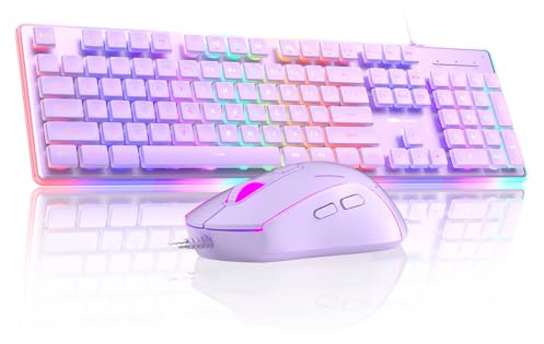 Camiysn Creamy Gaming Keyboard and Mouse, Purple 104 Keys RGB and 6 Speed RGB Mouse Combo, Pudding Keycaps Silent Computer Keyboard for Computer/PC/Laptop/Mac/Windows/Office