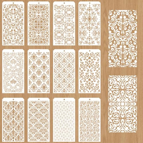 GOMAKERER Plantilla de Pintura Decorativa 12 Estilos, Damasco para Artesanías, Textura Vintage Reutilizable, Técnica Mixta para Pintura en Madera y Muebles
