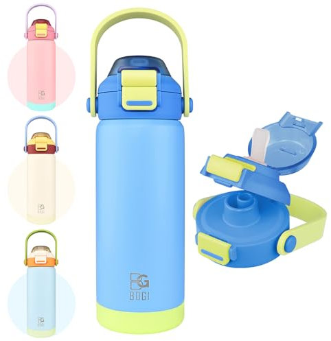 BOGI Kids Metal Water Bottle with Straw, 550ml Stainless Steel Water Bottle Kid for School Leak Proof Insulated Water Bottle with 2-in-1 Duo Lid for Boys Girls Keep Drinks 12h Hot & 24h Cold | Blue