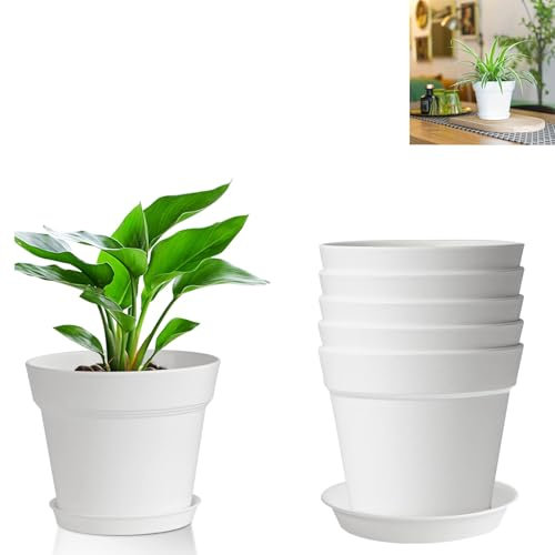 Vasi da Fiori in Plastica, Set di 6 Vasi da Fiori in per Erbe Aromatiche, Vaso da Fiori in Plastica da 8,8 cm con Sottovaso, Vasi per Piante, per Piante Grasse e Cactus, Bianco