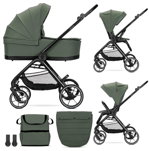 Lorelli Kinderwagen Venice 2 in 1 inkl. Babywanne und Sportsitz, Baby Kombikinderwagen bis 22kg, Zusammenklappbar, Große Räder, Großer Einkaufskorb, Fußsack, Federung, Organizer Tasche, Grün