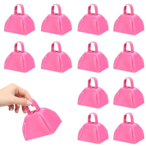 HEYLEAYAR 3Inch Cowbells for Sporting Events,12Pcs Metal Cow Bells Bulk Loud Noise Makers Cow Bell with Handle for Cheering Football Games Spirit Marathon Weddings Party Noisemakers, Pink