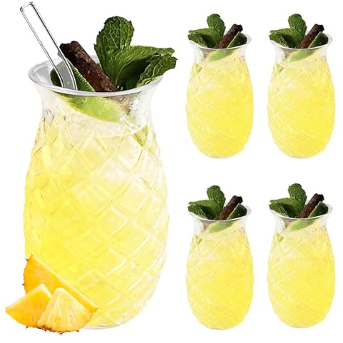 WIYETY Set med 4 ananasglas: 400 ml klar cocktailkopp med anananasrelief, återanvändbara festglas, juiceglas, longdrinkglas i ananasform perfekt för hem, restauranger och fest