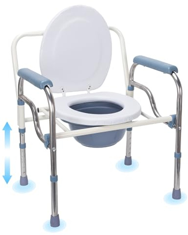 Lightweight Commode Toilet Chair, Height Adjustable Bedside Commode Chair with Removable Bucket, Folding WC Chair for Elderly, Portable Commodes Seat Frame with Padded Seat, Stable and Comfort