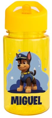 DEREGALOOS Botella Infantil Personalizada con Nombre 440 ml | Bidón Escolar con Pajita y Asa | Tritán sin BPA | Diseño Exclusivo Patrulla Animal | Regalo Vuelta al Cole (Amarillo - Nilo el Policía)