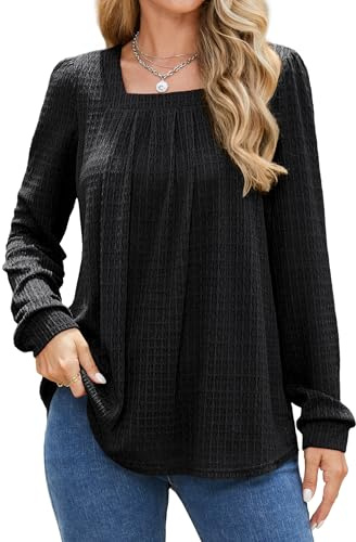 Enmain - Blusas de manga larga para mujer, túnicas casuales con cuello cuadrado, blusas de doble capa, camisa de túnica, Negro, XXL