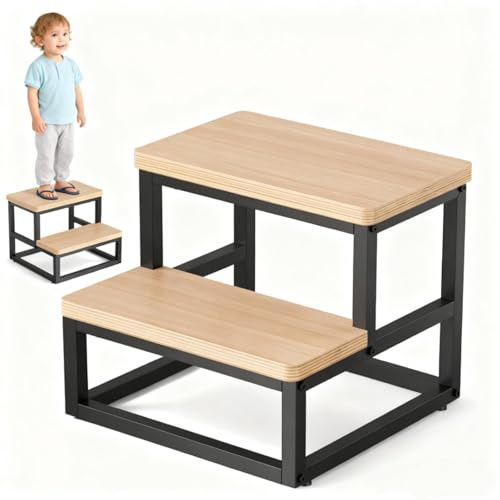 Gvdeirn Wooden 2 Step Stools for Kids, Waterproof Sturdy Rust-proof Step Stool with Adjustable Non-Slip Feet For Adults Pets, Heavy Duty Steel Supports Up to 200 kg for Kitchen Bathroom Garden