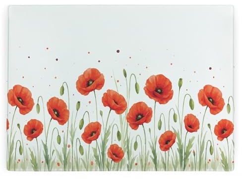Summer Poppies Glass Worktop Protector - Large Smooth Kitchen Chopping/Cutting Board with Non-Slip Feet 39cm x 28.5cm (15 x 11)