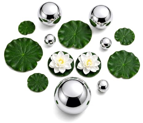 XINGWNXINGA Miniteich Deko, Teichdeko Set, 6 Schwimmkugeln für Mini-teich Edelstahl mit 8 Schwimmend Lotusblätter,Schwimmende Blumen, für Miniteich/Gartenteich Teichkugeln