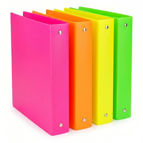 Set 4 Raccoglitori ad Anelli in Plastica, 4 Anelli Tondi, Formato A4 Maxi (32x27 cm) Dorso 4 cm, Colori Fluo. Per Scuola, Ufficio e Buste Forate
