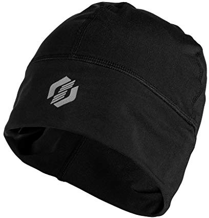 SLS3 Runners Hats for Men Women, Thin Winter Helmet Liner, Moisture Wicking Cycling Skull Cap Under Helmet, Sports Performance & Workout Beanie, Reflective Running Hat for Cold Weather (Jet Black)
