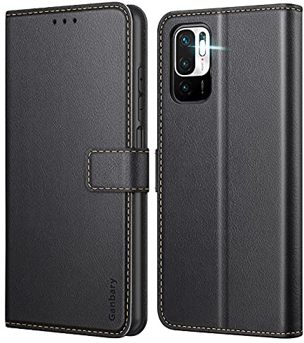 Ganbary Coque pour Xiaomi Redmi Note 10 5G / Poco M3 Pro 5G, [Housse en Cuir PU Premium] [Etui à Rabat] [Pochette de Portefeuille], Étui de Protection - Noir