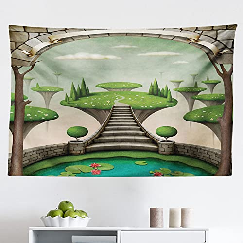 Ambesonne Fantasy Tapestry, Landscape View with Hanging Islands and a Pond with Lilies, Fabric Wall Hanging Decor for Bedroom Living Room Dorm, 45 X 30, Umber Green Turquoise