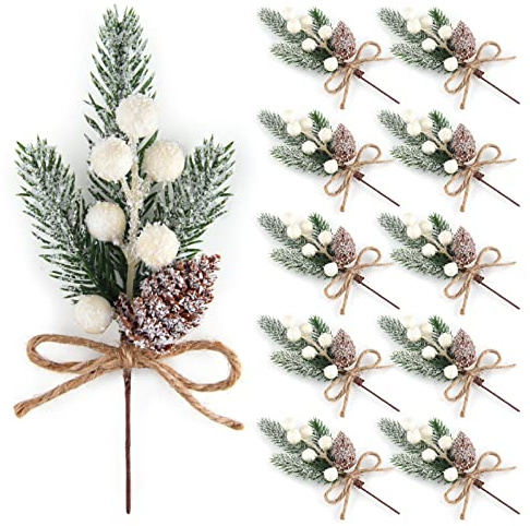 ELECLAND 10 Pcs Christmas Decorations Artificial Pine Branches Stems Spray With Pine Cones Faux Red Berry Holly Leaves for Craft Floral Wreath Ornaments, White