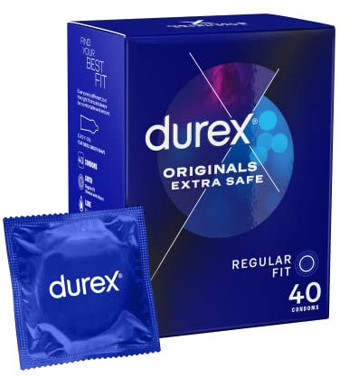 Durex Originals Extra Safe Condoms, Regular Fit, 40 Pack, Easy On Shape, Enhanced with Silicone Lubricant for Comfort and Protection