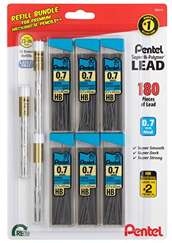 Pentel Super Hi-Polymer HB 7mm Lead Refill Pack - 6 Packs of 30 Leads & 3 Packs of 4 Latex-Free White Erasers - Mechanical Pencil Refills