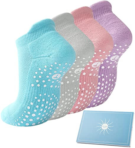 4 Paar Sneaker Yoga Socken Damen Stoppersocken, Pilates Rutschfeste Socken Antirutschsocken Mädchen für Trampolin Zuhause Fitness Krankenhaus Bunt 35-38