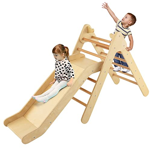 GOPLUS Juguete de escalada 2 en 1 con tobogán ajustable, escalera triangular de madera, pasamanos de seguridad, pared de escalada en interiores y exteriores, para casa y guardería (natural)