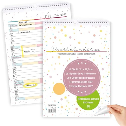 TOBJA Calendario Pareja 2026 - Diseño de Dots Colorido Calendario 2026 3 Columnas, 30 x 21 cm | Planificador para dos 2026 Incluye Vacaciones y Vacaciones | Calendario para dos