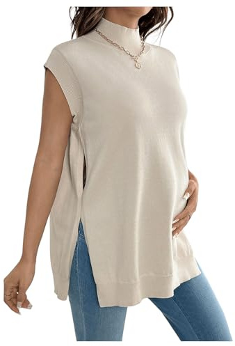 MakeMeChic Women's Maternity Turtleneck Sweater Vest Tops Mock Neck Sleeveless Slit Hem Pregnancy Knit Sweater Apricot Large