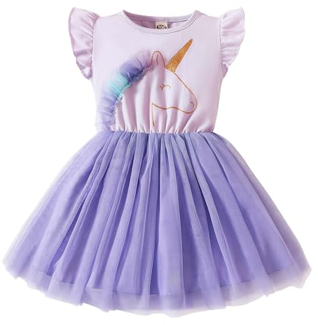 JiAmy Vestidos de manga corta con volantes y estampado de unicornio, parte superior de algodón, tutú de tul, falda de fiesta de cumpleaños para niñas de 3 a 8 años