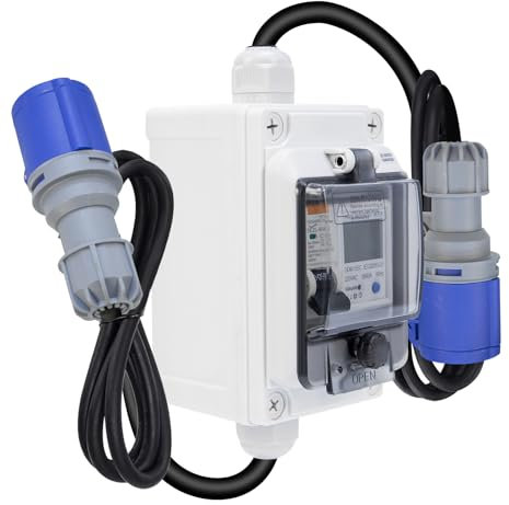 Compteur Électrique, Compteur de Consommation Électrique avec RCBO/Réinitialisation, IP67 Étanche 2.5 mm² Câble Compteur d'Électricité Portable Numérique Mobile pour Bateau/Camping-Cars/Camping-Cars