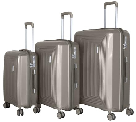 Royalty Line, Set mit 3 Koffern, ultraleichtes, starres ABS, 4 um 360° drehbare Räder, Größe S 55 x 38 x 18 cm, M 67 x 44 x 24 cm, L 76 x 49 x 28 cm, Doppelgurte, verstärkte Griffe, Champagner