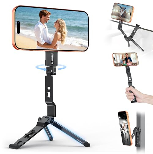 OMOTON TP03 Trípode Giratorio 360° para MagSafe, Trípode Magnético Ultradelgado con Tornillo de 1/4 y Gancho, para iPhone 17/16/15 Pro MAX, Soporte Plegable para Teléfono para Vlog, Gimnasio, Viaje