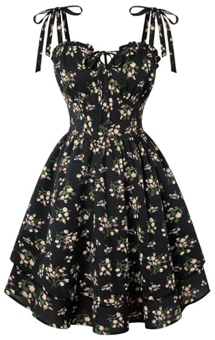 SCARLET DARKNESS Women's Mini Dress Spaghetti Strap Floral Sundress Ruffled Summer Casual Vacation Dresses Black Small Floral L