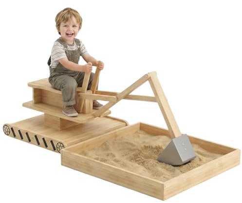 AIYAPLAY Arenero para Niños de Madera con Excavadora, Arenero Infantil con Asiento Giratorio 360° y Forro de Tela no Tejida, sin Motor, Caja de Arena para Niños de 3-6 Años, 184x90x56 cm, Natural