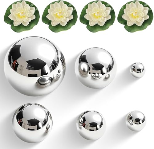 SHOWHEEL 6er Set Dekokugel Schwimmkugeln Gartenkugel | mit 4 Stück Schwimmende Blumen Silber rostfrei Edelstahl, für Terrasse Garten Pool Teich