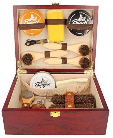 BURGOL Boîte d'entretien de Chaussures Boîte de Cirage de Chaussure en Bois avec Lot Entretien Chaussure 15 pièces avec Gravure