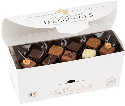 CHEVALIERS D'ARGOUGES Maîtres Chocolatiers Français - Assortiment de chocolats noir 70%, lait 33% et blanc - Ballotin dégustation 355g