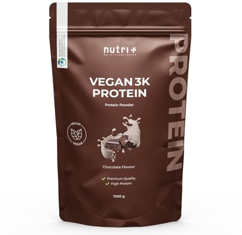Nutri + Vegan Protein Schokolade 1 kg - Low Sugar Eiweißshake Chocolate Powder - Veganes Eiweißpulver Schoko 1000 g - Eiweiß Proteinpulver glutenfrei