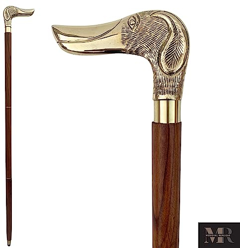 Bastone da Passeggio in Legno di Palissandro e Manico in Ottone Massiccio a Forma di Testa di Bassotto, 94 cm, di qualità, Marrone e Oro, Elegante, Il miglior Regalo di Natale