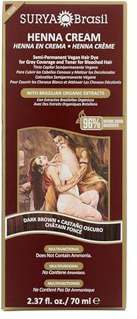 Surya Brasil Henna Cream Dark Brown - 96% Natural Ingredients, Vegan, Cruelty-Free, Eco-Friendly, Semi-Permanent Hair Color, Deep Hydration & Shine, 2.37 oz