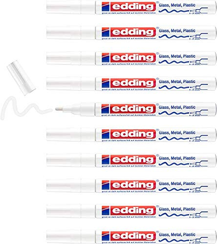 edding 751 gloss paint marker - white - 10 paint markers - round tip 1-2 mm - paint pen for glass, pebbles, wood, plastic, paper - waterproof, high coverage