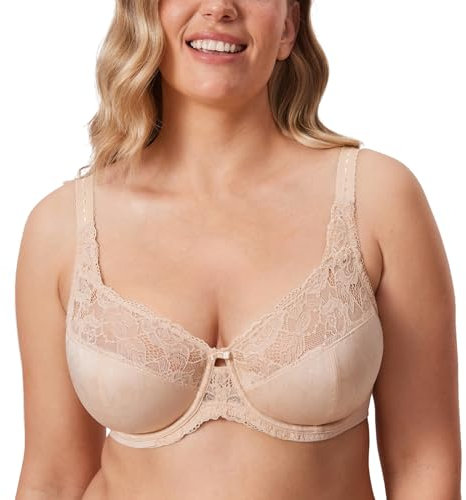 Delimira Women's Beauty Lace Non Padded Minimiser Full Figure Underwire Bra Beige 34E