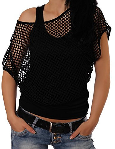 Crazy Age Frauen Partytop Sommertop Fasching Fest Netzoberteil aktueller Trend in Neonfarben- Einheitsgröße, Schwarz