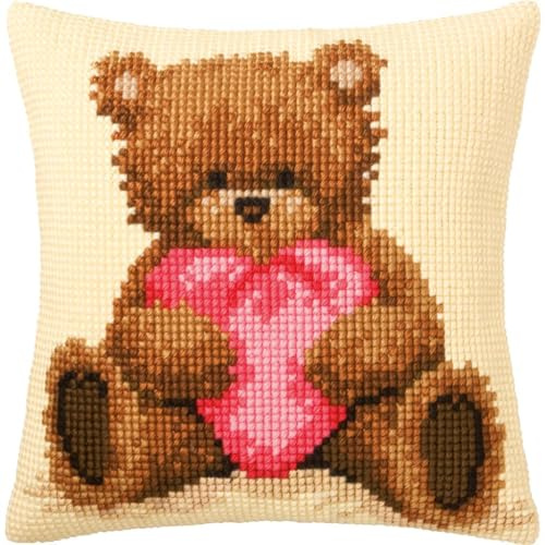 Vervaco Kreuzstich Stickpackungen Kissen Stickerei Set Anfänger Vorgedruckt Popcorn Ich Liebe Dich DIY Set Kreativ Set Für Erwachseneca. 40 x 40 cm Bastelset Handwerker Haus Dekoration