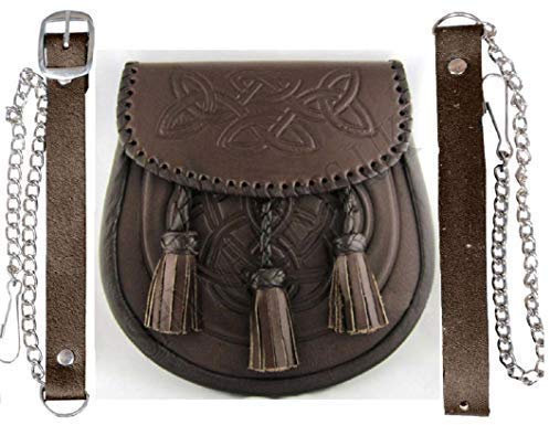 Kilt Sporran Keltisch Scroll Geprägt Braunes Leder Spitze Gewebt Rand Kiltwear Kilts