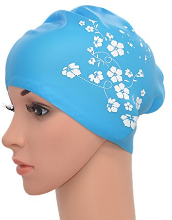 Medifier kvinnor damer elastisk silikon vatten pool badmössa mössa öronsjal hatt för långt hår vuxna Sakura tryck (Himmelsblå)