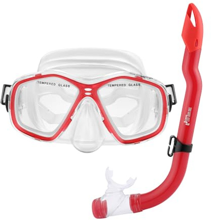Two Bare Feet Snorkel and Mask PVC Diving Set – (Kids) Snorkeling Gear with Anti-Leak Design, Comfortable Fit, Clear Vision Lens, and Adjustable Straps for Diving, Swimming & Watersports (Red)